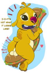 alien alonelyopossum anthro anus ass balls blush disney embarrassed food genitals humping lilo_and_stitch male reuben_(lilo_and_stitch) sandwich_(food) slightly_chubby solo what