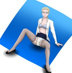 1girls bra button_down_shirt diaper female female_only flats glasses morpheus_(artist) office_lady open_shirt patterned_diaper pencil_skirt skirt skirt_lift solo stockings wet_diaper