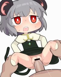 1boy 1girls animal_ears bar_censor blush bright_pupils capelet censored clothed_sex commentary cookie_(touhou) crystal female flat_chest grey_hair grey_skirt grey_vest hospital_king jewelry leg_grab long_sleeves medium_bangs mouse_ears mouse_girl mouse_tail nazrin no_panties nyon_(cookie) open_mouth pendant penis pussy red_eyes sex shirt short_hair simple_background skirt skirt_set socks solo_focus straight tail tearing_up textless_version touhou vaginal_penetration vest white_background white_capelet white_legwear white_pupils white_shirt white_socks