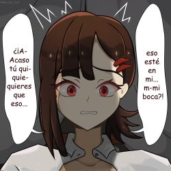 before_sex big_penis black_hair bradleyfun? chainsaw_man dick_shadow female female_focus higashiyama_kobeni male offscreen_male penis spanish_dialogue spanish_text translation_request