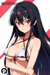 1girls ai_generated akame_(akame_ga_kill!) akame_ga_kill! bangs bare_shoulders bikini black_hair blush breasts cleavage closed_mouth collarbone criss-cross_halter female female_only front-tie_bikini_top front-tie_top hair_between_eyes halterneck large_breasts long_hair looking_at_viewer navel pikkiwynn red_eyes sidelocks smile solo swimsuit upper_body white_bikini