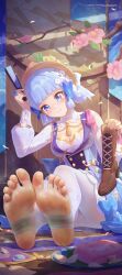 1girls 2d 2d_(artwork) alternate_version_available blue_eyes blue_hair cleavage clothed clothing digital_media_(artwork) dirty_feet dirty_socks feet female female_only foot_fetish foot_focus footwear genshin_impact hat highres icecake kamisato_ayaka kamisato_ayaka_(springbloom_missive) legwear shoes_removed smelly_feet soles soles_of_feet_in_socks stirrup_legwear thick_thighs toes