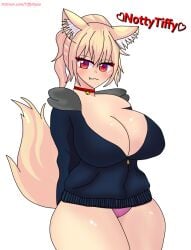 1girls 2023 alternate_version_available animal_ears blonde_hair blush breasts cleavage collar fanart female hoodie huge_breasts large_breasts looking_at_viewer no_pants original panties patreon_username pink_panties ponytail red_eyes standing tagme thick_thighs thighs tiffy