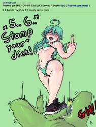 anon ball_busting ballbusting ballbusting_orgasm curved_to_the_right_penis female femdom green_hair green_penis meme meta middle_finger mr.sir_69 nike nike_logo rule_34-tan rule_34_(booru) rule_34_comment self_upload site-tan stompin