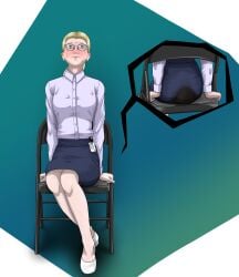 1girls button_down_shirt crying defecation desperation female female_only flats glasses morpheus_(artist) office_lady pencil_skirt scat scat_desperation skirt soiling soiling_clothing solo stockings