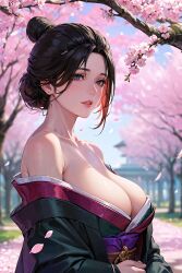 ai_generated big_breasts black_hair cherry_blossoms cleavage detailed_background emma_(sekiro) female female_only fromsoftware grey_eyes japanese_clothes kimono nihongami no_bra obi off_shoulder outside sekiro:_shadows_die_twice shimada_hairstyle solo updo upper_body