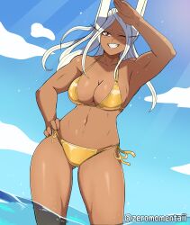 1girls ;d absurdres animal_ears arm_up armpits bikini blue_sky breasts cleavage cloud collarbone commentary dark-skinned_female dark_skin english_commentary gold_bikini hand_on_own_hip highres large_breasts light_particles long_eyelashes miruko my_hero_academia navel one_eye_closed open_mouth outdoors parted_bangs rabbit_ears rabbit_girl red_eyes rumi_usagiyama shounen_jump side-tie_bikini_bottom sky smile solo stomach sunlight swimsuit thighs toned twitter_username wading water white_hair zeromomentai