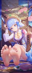 1girls 2d 2d_(artwork) alternate_version_available blue_eyes blue_hair cleavage clothing digital_media_(artwork) feet female female_only foot_fetish foot_focus genshin_impact hat highres icecake kamisato_ayaka kamisato_ayaka_(springbloom_missive) panties shoes_removed soles thick_thighs toes