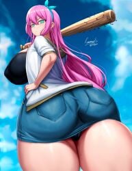 1girls alternate_breast_size ass ass_focus aubrey_(omori) baseball_bat female female_only green_eyes huge_ass huge_breasts jacket light-skinned_female light_skin looking_at_viewer looking_back nail_bat omori pink_hair ribbon ryusuke_kh_(ryusuke_kyte_hagane) solo