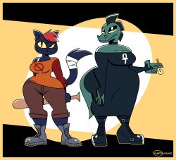 2girls alligator anthro bea_santello breasts clothing dress feline female female_only ineptoutcast long_sleeves mae_borowski night_in_the_woods pants shirt thick_thighs wide_hips