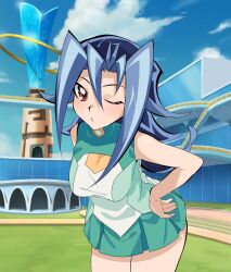 1girls background blue_hair blush bryanjoel dntks edit edited female female_only huge_breasts kamishiro_rio looking_at_viewer one_eye_closed red_eyes rio_kamishiro school_uniform solo yu-gi-oh! yu-gi-oh!_zexal