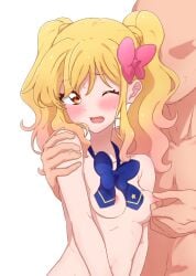 1boy 1girls aikatsu!_(series) aikatsu_stars! blonde_hair blue_bow blue_bowtie blush bow bowtie breasts colored_eyelashes completely_nude faceless faceless_male female grabbing grabbing_another's_breast gradient_hair hairbow highres kumahubuki looking_at_viewer looking_back male md5_mismatch multicolored_hair nijino_yume nipple_torture nipple_tweak nipples nude open_clothes open_mouth pink_bow resolution_mismatch shirt shoulder_grab simplified_chinese_text small_breasts source_smaller straight sweatdrop upper_body wavy_hair white_background white_shirt wince