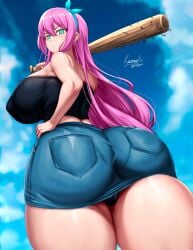 1girls alternate_breast_size ass ass_focus aubrey_(omori) baseball_bat crop_top female female_only green_eyes huge_ass huge_breasts light-skinned_female light_skin looking_at_viewer looking_back nail_bat omori pink_hair ribbon ryusuke_kh_(ryusuke_kyte_hagane) solo