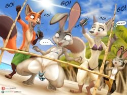 accidental_exposure anthro bikini canid canine canis clothed clothing disney embarrassed embarrassed_nude_female fox genitals group hi_res judy_hopps lagomorph leporid link6432 male mammal nick_wilde nipples nude pussy rabbit swimwear text thick_thighs wardrobe_malfunction zootopia