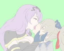 1boy 1girls breasts camilla_(fire_emblem) cleavage female fire_emblem fire_emblem_fates french_kiss fujiwaru gloves green_background grey_hair hand_on_head kissing large_breasts long_hair male nintendo ponytail purple_eyes purple_hair takumi_(fire_emblem) tongue tongue_out