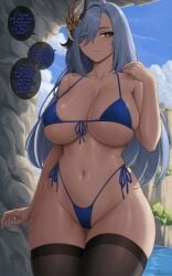 1girls bikini blue_bikini breasts cleavage dialogue english_text female genshin_impact hair_over_one_eye hips huge_breasts large_breasts light-skinned_female light_skin long_hair naughty_face outdoors shenhe_(genshin_impact) smile thick_thighs thighs white_hair wide_hips zaphn