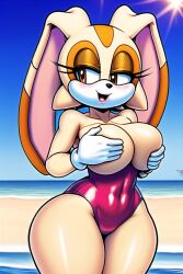 ai_generated anthro beach breasts_out covering_breasts cream_the_rabbit gloves grabbing_own_breast lagomorph large_breasts leporid mammal nai_diffusion one-piece_swimsuit rabbit rubycks smile sonic_(series) sonic_the_hedgehog_(series) swimsuit thick_thighs