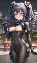 ai_generated bare_breasts black_hair blush bodysuit breast_cutout breasts hair_ribbon light-skinned_female looking_at_viewer neptunia_(series) nipples public short_hair skin_tight solo stable_diffusion tactical_gear twintails uni_(neptunia)