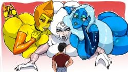 <3_eyes 1boy 3girls ass bedroom_eyes biting_lip black_lipstick blue_body blue_diamond_(steven_universe) blue_skin breasts cartoon_network choker clothed_male curvaceous curvy curvy_female curvy_figure detached_sleeves diamond_authority female female_focus gem_(species) giantess hair_twirling heart-shaped_pupils high_heels horny_female huge_ass huge_breasts licking_lips lipstick lust lustful_gaze male muscular_male naked_footwear naked_heels nipples nude nude_female seanmalikdesigns seductive seductive_look seductive_smile size_difference sleeves steven_quartz_universe steven_universe thick_thighs tongue tongue_out twirling_hair unseen_male_face veiny_breasts white_body white_diamond_(steven_universe) white_skin yellow_body yellow_diamond_(steven_universe) yellow_skin