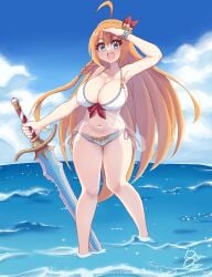 1girls absurd_res ahoge beach big_breasts blue_eyes braid breasts cleavage drogodoggo female female_only hairband hi_res holding holding_weapon human long_hair looking_at_viewer navel no_visible_genitalia open_mouth orange_hair pecorine pecorine_(princess_connect!) pecorine_(summer)_(princess_connect!) princess_connect! single_braid solo swimsuit sword toony very_long_hair weapon