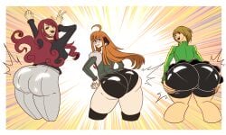 3girls atlus big_butt bike_shorts bubble_butt butt butt_focus butt_shake curvy dual_dragon fat_ass female female_only huge_butt large_butt megami_tensei mitsuru_kirijo persona persona_3 persona_4 persona_5 presenting_hindquarters sakura_futaba satonaka_chie shorts thick_thighs tight_pants