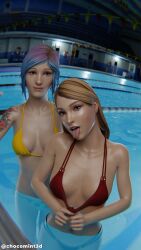 2girls 3d 3d_(artwork) 4k absurd_res absurdres arm_tattoo bikini bikini_bottom bikini_top blonde_hair blue_hair chloe_price chocomint3d cleavage female female_only hi_res highres indoor_pool life_is_strange looking_at_viewer medium_breasts medium_hair midriff multiple_girls panties pool purple_hair rachel_amber selfie shiny_skin short_hair swimming_pool swimsuit swimwear tattoo tattoo_on_arm tattooed_arm toned_female toned_stomach tongue tongue_out wet wet_body wet_skin