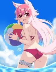 1girls animal_ears ass ball beachball bikini breasts drogodoggo hi_res looking_back multicolored_hair murenase!_seton_gakuen okami_ranka open_mouth orange_eyes pink_bikini pink_hair small_breasts swimsuit tail wolf_ears wolf_girl wolf_tail