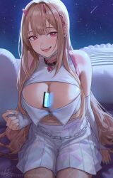 1girls big_breasts blonde_hair blush breasts cleavage cleavage_cutout detached_sleeves facemask goddess_of_victory:_nikke hair_ornament long_hair mole mole_under_eye necklace nhaliz object_between_breasts open_mouth pink_eyes sitting skirt smile viper_(nikke)