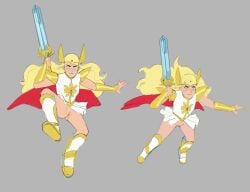 1girls 2020s 2023 adora angry armor biconti blonde_female blonde_hair blue_eyes boots bottomless bottomless_dress bottomless_female bottomless_skirt bracer cape dress female female_only grey_background hi_res human jumping light-skinned_female light_skin long_hair looking_at_viewer pauldrons platinum_blonde_hair pussy red_cape she-ra she-ra_and_the_princesses_of_power simple_background sketch skirt solo solo_female sword tiara updress upskirt very_long_hair weapon white_boots white_dress white_skirt