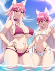 2girls alternate_breast_size animal_ears bikini bow breasts claw_pose drogodoggo female female_only gradient_hair hands_on_own_stomach hi_res large_breasts medium_breasts multicolored_hair multiple_girls murenase!_seton_gakuen okami_ferryl okami_ranka orange_eyes pink_bikini pink_hair siblings sisters swimsuit tail white_bikini wolf_ears wolf_girl wolf_tail