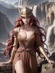 1girls ai_generated big_breasts breasts cleavage dress elden_ring female female_focus female_only fromsoftware gauntlets light-skinned_female light_skin long_hair malenia_blade_of_miquella milf red_eyes red_hair solo_female stable_diffusion thick_thighs wide_hips