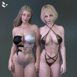 2girls 3d ashley_graham ashley_graham_(ella_freya) big_breasts bikini blonde_hair breasts capcom cleavage clothing daz3d daz_studio erect_nipples female female_only gm_studios high_resolution large_breasts light-skinned_female looking_at_viewer navel neckwear nipple_bulge pale_skin panties realistic resident_evil resident_evil_4 resident_evil_4_remake resident_evil_8:_village rosemary_winters short_hair solo solo_female swimsuit swimwear thick_thighs wide_hips