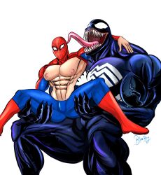 2boys abs alien biceps big_chest big_pecs blueboybara bulge bulging_biceps gay huge_chest huge_pecs human humanoid interspecies light-skinned_male light_skin long_tongue male male_only marvel marvel_comics masked muscular muscular_male pecs peter_parker sharp_teeth shirt_lift shirt_up size_difference smooth_chest smooth_skin spider-man spider-man_(series) spread_legs thick_thighs tongue_out venom_(marvel) yaoi