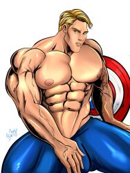 1boy abs biceps big_bulge big_chest big_pecs blonde_hair blueboybara bulge bulging_biceps captain_america captain_america's_shield captain_america_(series) extreme_muscles huge_bulge huge_chest huge_pecs human human_only light-skinned_male light_skin looking_at_viewer male male_only marvel muscular muscular_male pecs shield shirtless_male smooth_chest smooth_skin solo solo_male steve_rogers superhero topless topless_male