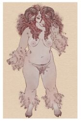 anthro bovid breasts caprine curled_hair female fluffy genitals goat hair hi_res hooves horizontal_pupils jess_(niochem) mammal niochem pink_body pinup pose pubes pupils pussy red_hair slightly_chubby solo