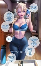 2d disney elsa_(frozen) english_text frozen_(film) gym_uniform jack_frost jelsa medium_breasts sakimichan white_hair