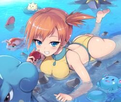 1girls ass azurill bare_arms bare_legs bare_shoulders barefoot blue_eyes blush breasts commentary_request creatures_(company) female game_freak gen_1_pokemon gen_2_pokemon gen_3_pokemon goldeen grin high_side_ponytail highres holding holding_poke_ball human kasai_shin kasumi_(pokemon) lapras looking_at_viewer luvdisc lying medium_breasts nintendo on_stomach one-piece_swimsuit open_mouth orange_hair outdoors partially_submerged poke_ball poke_ball_(basic) pokemon pokemon_(anime) pokemon_(classic_anime) pokemon_(species) revision riding riding_pokemon short_hair side_ponytail smile soles starmie swimming swimsuit togepi water wet yellow_one-piece_swimsuit