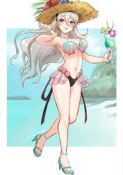 1girls alternate_costume aqua_footwear aqua_nails bikini black_hairband breasts cleavage corrin_(female)_(fire_emblem) corrin_(fire_emblem) corrin_(fire_emblem)_(female) drink earrings female female_only fingernails fire_emblem fire_emblem_cipher fire_emblem_fates floating_hair grey_hair hair_between_eyes hairband hat highres holding holding_drink jewelry large_breasts long_hair looking_at_viewer medium_breasts navel nintendo official_alternate_costume open_mouth red_eyes sandals shell shell_bikini shell_earrings signature smile snow20200 solo stomach straw_hat swimsuit twitter_username wavy_hair