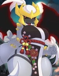 4_fingers anthro bewitching_thighs big_breasts breasts dragon female fingers giratina moon pelvic_curtain pokémon_(species) pokemon ponytail rope_belt scalie skimpy skwidbone thick_thighs thigh_strap white_hair wide_hips wings