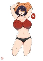 1girls astrid_(norman_maggot) black_hair black_panties bra breasts heart huge_breasts lifting_shirt light_skin norman_maggot panties red_bra sweat sweatdrop sweating yellow_eyes