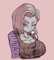 1girls android_18 areolae_bulge big_breasts blonde_hair blue_eyes cleavage dragon_ball exhaling female female_only fully_clothed looking_at_viewer pseudocel short_blonde_hair short_hair solo