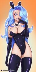 big_breasts blue_eyes blue_hair blush bunny_girl bunnysuit estelle_(omega_strikers) gloves heart-shaped_pupils latex latex_suit long_gloves long_hair miyo_uwu omega_strikers thick_thighs thighhighs