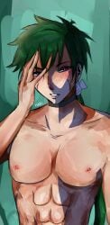 abs choker cum_on_body cum_on_face goblin_cave goblin_whore green_hair muscular_male nagi_(goblin_cave) nipples pecs purple_eyes shirtless_male solid_color_background