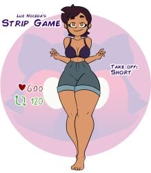 barefoot big_ass bra dark-skinned_female dark_skin disney evil_raccoon feet gold_eyes large_ass latina luz_noceda medium_breasts pear-shaped_figure pear_shaped seductive seductive_smile short_hair shorts strip_game the_owl_house thick thick_ass thick_thighs thighs toes