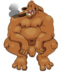 anothermeekone anthro canid canine canis cigar cigar_in_mouth crouching domestic_dog flaccid foreskin genitals male mammal nude object_in_mouth overweight overweight_male penis sam_and_max samuel_dog smoking smoking_cigar solo solo_focus