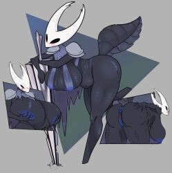 absurd_res aged_up anthro anus areola armor arthropod_abdomen belly big_breasts bikini blue_anus blue_areola blue_pussy blush breast_grab breasts cloak clothed clothing dark_body dark_skin female female_the_knight_(hollow_knight) genitals hand_on_breast hi_res hollow_knight leaning_on_object mature_female nail_(weapon) notso00d4terri presenting protagonist_(hollow_knight) pussy rule_63 sagging_breasts shoulder_guards shoulder_pads simple_background skimpy solo swimwear team_cherry thick_thighs torn_clothing vessel_(species)