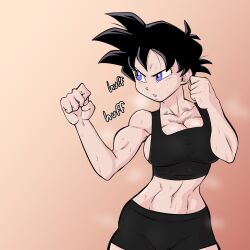 1girls athletic_female bare_midriff big_breasts black_hair blue_eyes breasts breath breathing cleavage dragon_ball female fighting_stance fit fit_female heavy_breathing large_breasts midriff muscular_arms muscular_female navel pseudocel short_hair shorts solo sweat tagme tank_top videl workout_clothes