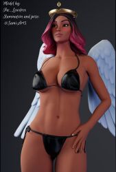 angel_wings bikini blush blushing calamity_(fortnite) dark_skin dark_skinned_female fortnite halo hand_on_hip looking_away pose posing samiar15_ wings