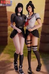 2girls 3d artsbyronin black_hair blender bottomwear breasts charlotte_(fortnite) choker clothed clothing duo epic_games facing_viewer female female_focus female_only flashing_pussy fortnite full_body hands_around_waist legwear lifted_by_self light-skinned_female light_skin long_hair looking_at_viewer medium_breasts no_panties no_underwear outdoors outside presenting presenting_pussy pussy pussy_lips pussy_peek school_uniform schoolgirl self_exposure shirt shoes skirt skirt_lift skirt_lifted_by_self skirt_up small_breasts standing stockings tattoo tattooed_arm tattoos tie topwear tsuki_(fortnite) uniform upskirt vagina watermark