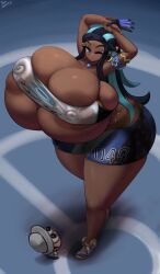 1girls absurdres accessory barely_contained big_breasts black_hair breasts breasts_bigger_than_head creatures_(company) dark-skinned_female dark_skin female game_freak giantess gipehtyboon growth gym_leader height_growth huge_ass huge_breasts hyper hyper_breasts hyper_thighs long_hair nessa_(pokemon) nintendo one_eye_closed pokemon pokemon_(game) pokemon_ss see-through see-through_clothing shorts skindentation spilling_out swimwear thunder_thighs voluptuous yboon